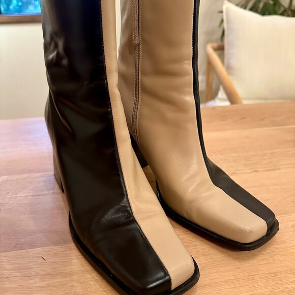 South Bicolor Stone Beige Black Leather Ankle Boots Size 41 EU or 10 - 10.5 US - Picture 1 of 7
